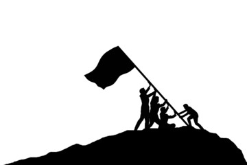 Silhouette group of people and flag on top mountain, White background. Business success and goal concept.	