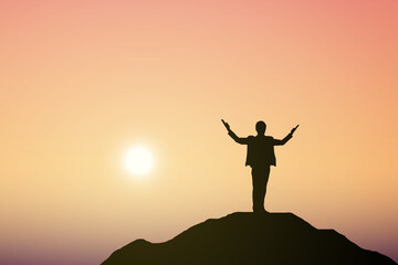Silhouette of people on top mountain, Sky and sun light background. Business success and goal concept.	