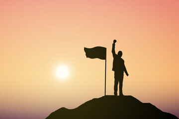 Silhouette of people and flag on top mountain, Sky and sun light background. Business success and goal concept.	