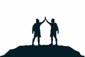 Silhouette group of people congratulating success on top of mountain. white background. Teamwork, target and goal concept.	