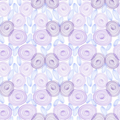 Seamless abstract pattern, hand drawn style. Lilac, blue flowers,  shapes, elements, white background, print, vector