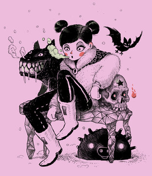 Cute girl with her spooky friend. hand draw illustration. character design. Good for cards and poster.