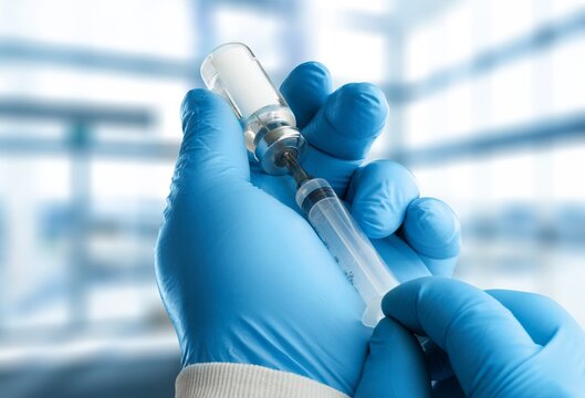 Injectable vaccine for the vaccination program of coronavirus Omicron. Doctor holds the syringe