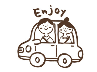 かわいいドライブしている男性と女性の線画とEnjoyの手書き文字／手描きイラスト素材