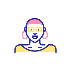 Woman wearing a head scarf in glasses with big ring earrings. Pixel perfect, editable stroke color avatar icon