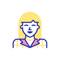 Fun line art avatar icon. Cute smiling girl with headband and bob haircut. Pixel perfect, editable color stroke