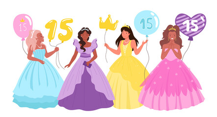 Quinceanera, birthday party with pretty girls vector illustration. Cartoon teen female characters in purple or pink dresses, princess tiara and crown, holding balloons with number 15 isolated on white