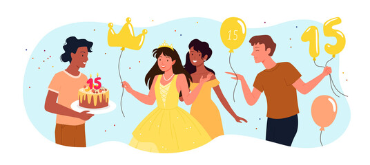 Birthday party with happy teenagers vector illustration. Cartoon male friend greeting, giving surprise gift cake and balloons to excited pretty girl in princess dress and tiara. Quinceanera concept