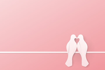 Two birds are together. love concept. Paper art illustration.