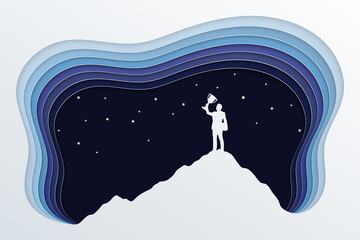 Silhouette of businessman standing holding a trophy on top of hill, night sky background. Business success and goal concept. Paper art illustration.