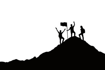 Silhouette of peoples and flag celebrating success on top of hill, white background. Business, successful, leadership, achievement, teamwork and goal concept.
