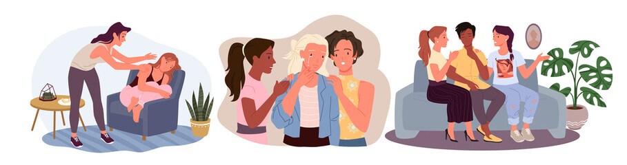 Fototapeta premium Female help, care and support to unhappy girl with mental problems vector illustration. Cartoon young women talking, comforting and hugging friend. Female community, empathy, friendship concept