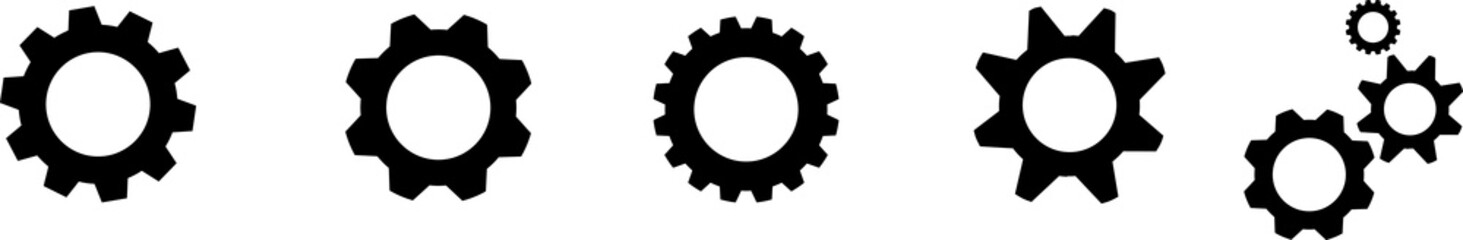 Gear set. Setting gears icon. Cogwheel group. Gear design collection. Black gear wheel icons on white background