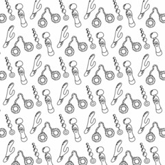 Vector seamless pattern with sex toys. Pattern for sex shop. Doodle style. Pattern with handcuffs and vibrators.