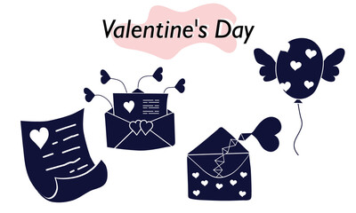 A set of items for Valentines Day. Envelopes, valentines, letters. Icons. In a solid version, in one color. A symbol of love and a Valentines Day holiday. Vector illustration.