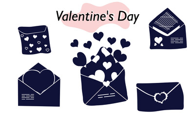 A set of items for Valentines Day. Envelopes, valentines, letters. Icons. In a solid version, in one color. A symbol of love and a Valentines Day holiday. Vector illustration.