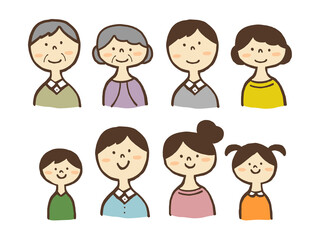 かわいい3世代親子のファミリー／手描きイラスト素材