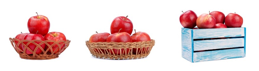 Apples Fresh Fruits in Wicker Basket and Wooden Box. File With Clipping Path.