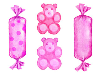 Watercolor hand drawn isolated illustration of pink purple candy, pastel candies sweets dessert. Bright party food, elements for birthday baby shower decor. Swirl lollipop hard sugar bonbon in polka