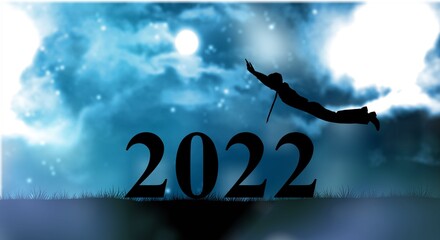 Silhouette the person jump to the New Year 2022 in night with full moon light.