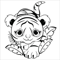 Black and white drawing of a tiger for coloring. The tiger is crawling. Vector illustration