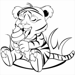 Black and white drawing of a tiger for coloring. The tiger sits and eats ice cream. Vector illustration
