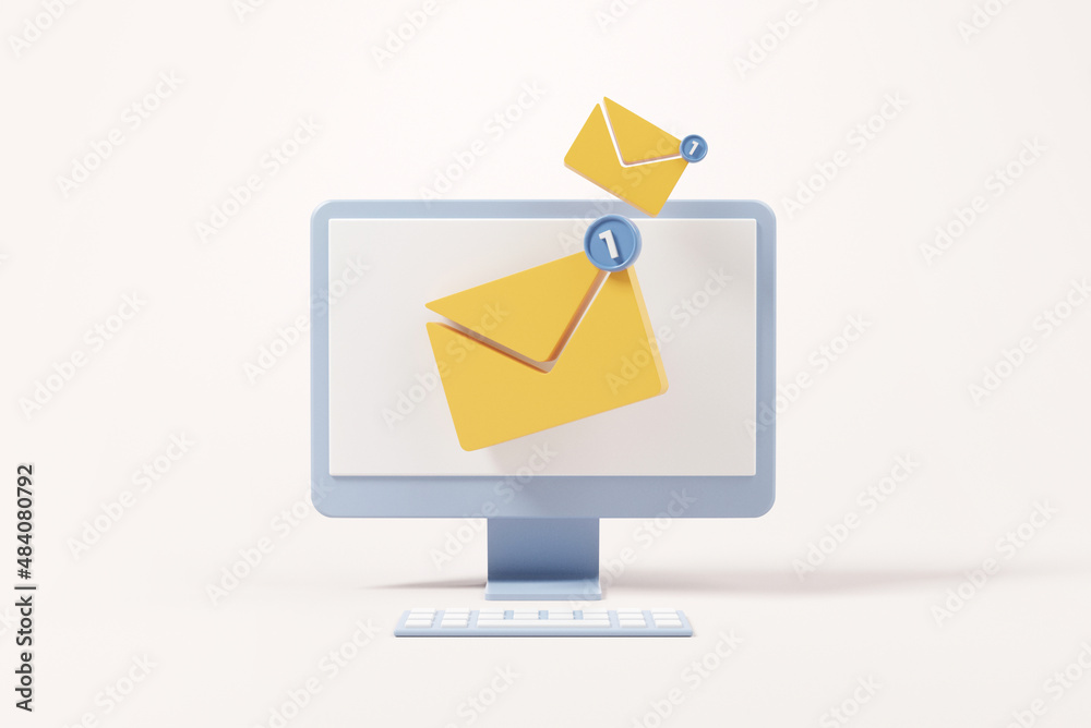 Fototapete new email notification icon with one e-mail message on computer pc. minimal design. 3d rendering