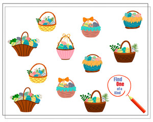Children's logic game find the one of a kind. Easter egg baskets. Vector isolated on a white background.