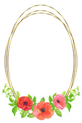 Gold frames with watercolor bouquets of flowers,peonies,poppies,orchids,roses, for Valentine's Day greeting cards, invitations,for design works,needlework and hobbies.