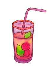 Cocktail in a glass. Mixed soft drink with straw, berries and mint leaves. Watercolor illustration.
