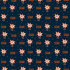 Background retro cartoon characters of stars. Pattern abstract stars with the inscription of the 70s in the doodle style. Retro textile backing. Vector illustration