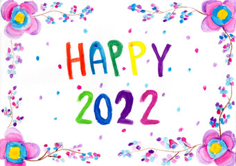 Acrylic Paint like kid drawn colorful. Happy new year 2022 concept.