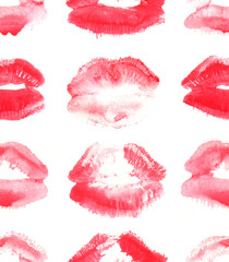 Hand drawn fashion illustration lipstick kiss. Female seamless pattern with red lips. Romantic background