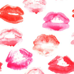 Hand drawn fashion illustration lipstick kiss. Female seamless pattern with red lips. Romantic background
