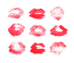 Hand drawn fashion illustration lipstick kiss. Female seamless pattern with red lips. Romantic background