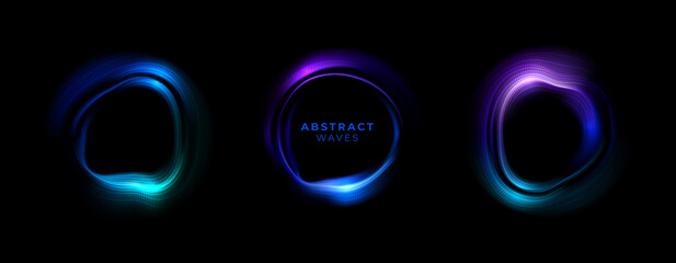 Neon waves in form of circle on black isolated background. Vector illustration with glowing portal. Round fluorescent frame. Freezelight.