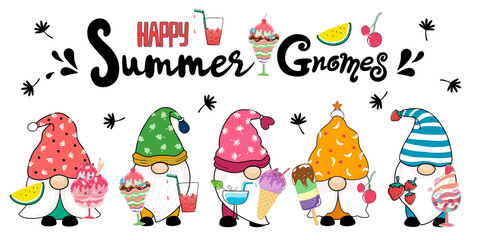 Happy summer with cute gnomes and ice cream. Designed in doodle style, it can be used in a variety of applications such as cards, stickers, t-shirts, pillow patterns, Summer decorations and more