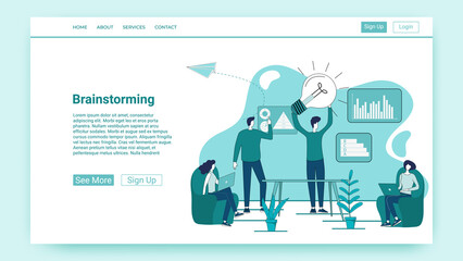 Brainstorming.People confer and come up with new business ideas.startup and new projects.An illustration in the style of a green landing page.