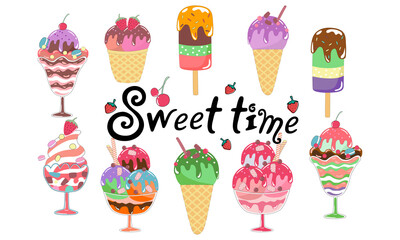 Sweet ice cream vector illustration, colorful, doodle style design for summer decoration, art for kids , cards, print labels, fabric patterns, stickers, clip art, mugs patterns, t shirts kids and more