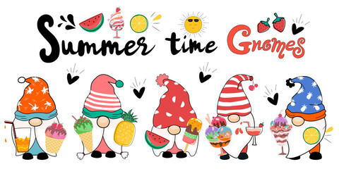 Summer time with cute gnomes Various colors designed in doodle style. Can be adapted to a variety of applications such as cards, stickers, t-shirt designs, pillow patterns, summer decorations and more