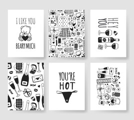 Set of Hand drawn Templates Fashion Cards with Romantic Objects and quote. Creative ink art work. Actual vector drawing of Holiday things. Happy Valentine's Day Illustration