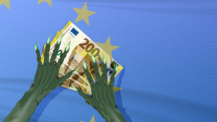 Scary witchs clawed hands over EU paper money. Banknotes of 200 euros against the background of a wavy crumpled flag of the European Union