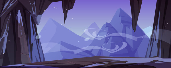 Entrance to cave in mountain winter landscape with ice and snow on rocks around. Cartoon background with hidden underground tunnel or cavern, highland nature antre or hollow, Vector illustration