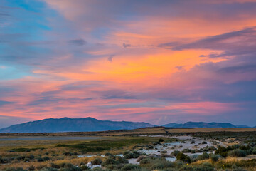 Dramatic vibrant sunset scenery in Antelope Island State Park, Utah
