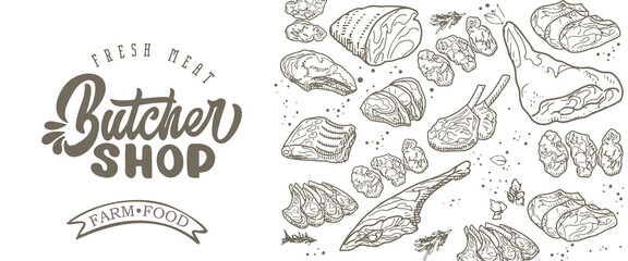 A set of raw meat. Beef, pork, lamb. Vector illustration in the style of a sketch. A booklet, banner, or flyer of a butcher shop or store.