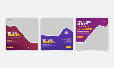 School admission social media post banner or square flyer template, back to school, education flyer design, editable vector - obrazy, fototapety, plakaty