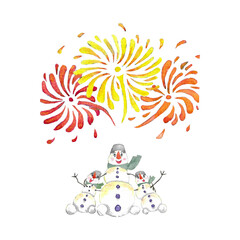 Snowmen watching fireworks, watercolor, isolated