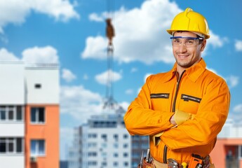 Male engineer handsome man or architect looking construction with safety helmet