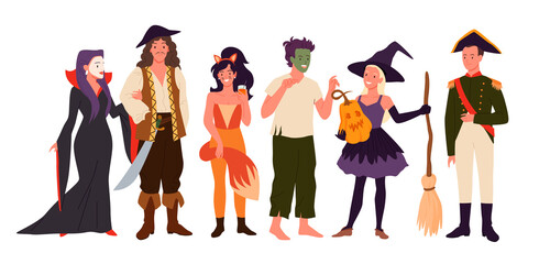 Cartoon girl witch holding broom and pumpkin, man zombie, pirate and captain isolated on white. Characters in costumes for Halloween fun party carnival, adult people smile set vector illustration