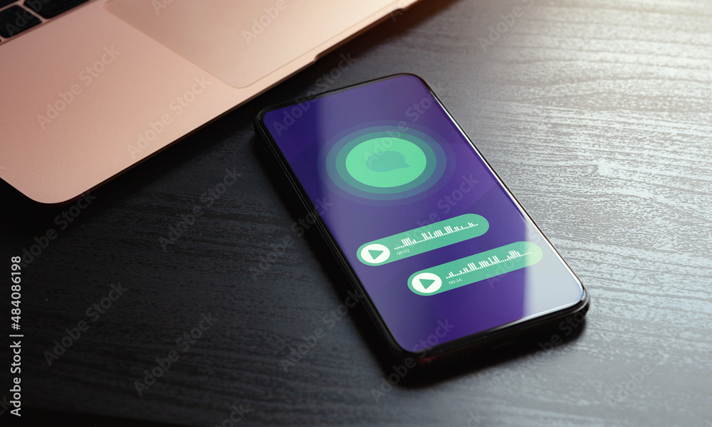 Poster communication with internet messenger concept. voice message bubbles on the smartphone device screen